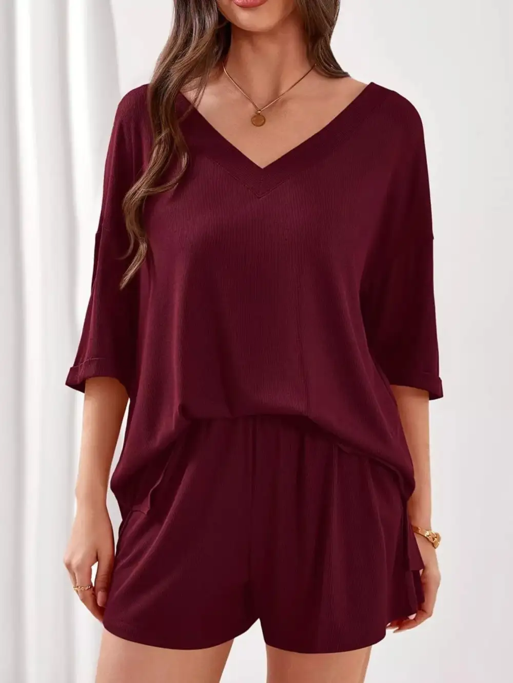 Casual V Neck Top Shorts Set