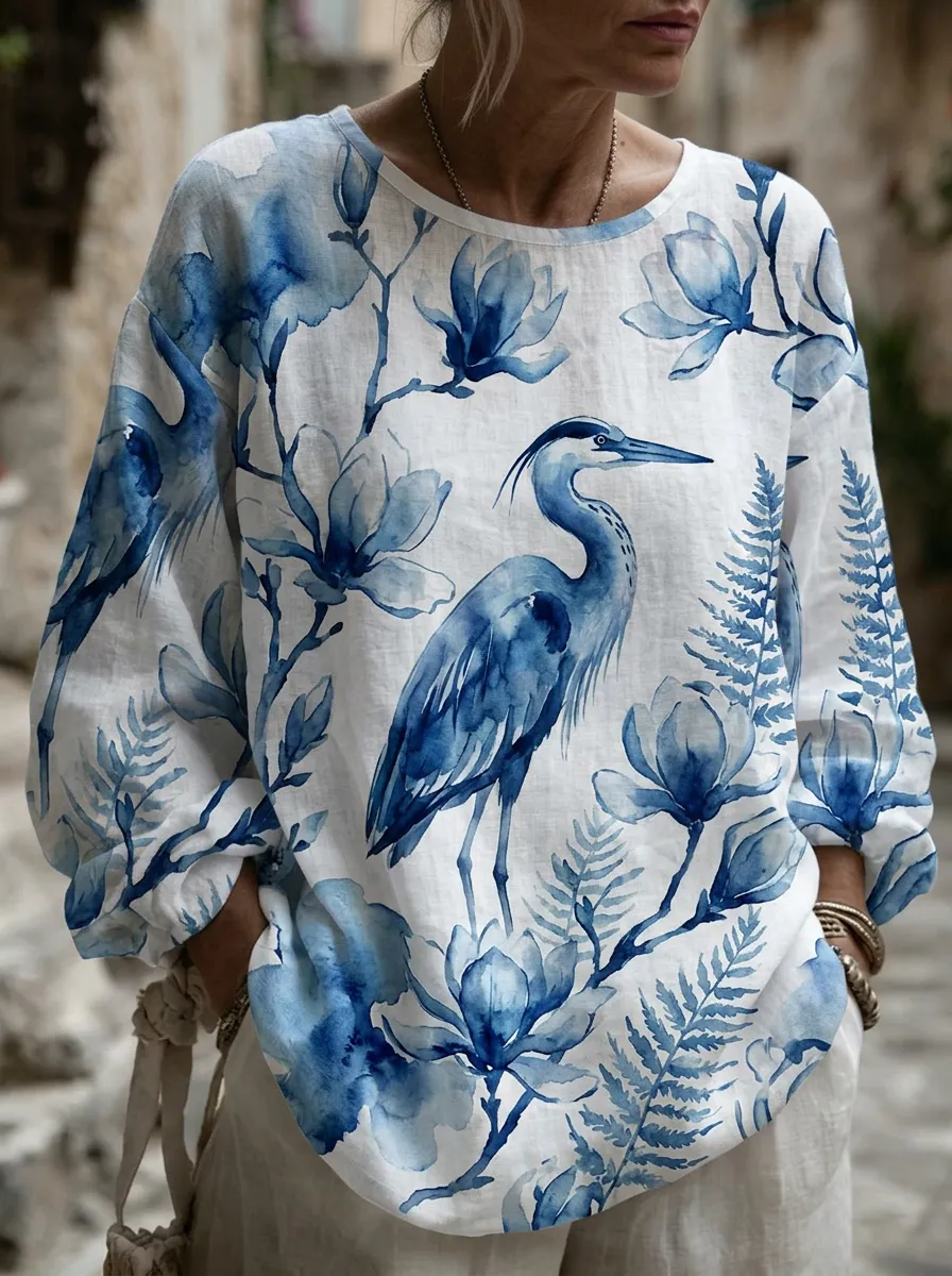 Women's Nashville Nature Lover Blue Heron Floral Printed Top