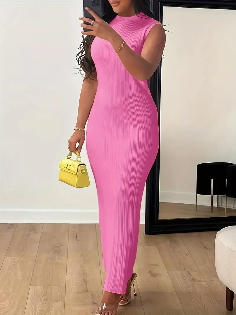Women's Summer 2023 Fashion Casual Knit Sleeveless Crew Neck Bodycon Pencil Dress, Polyester 95% Spandex 5%, Solid Color Long Length Skinny Fit