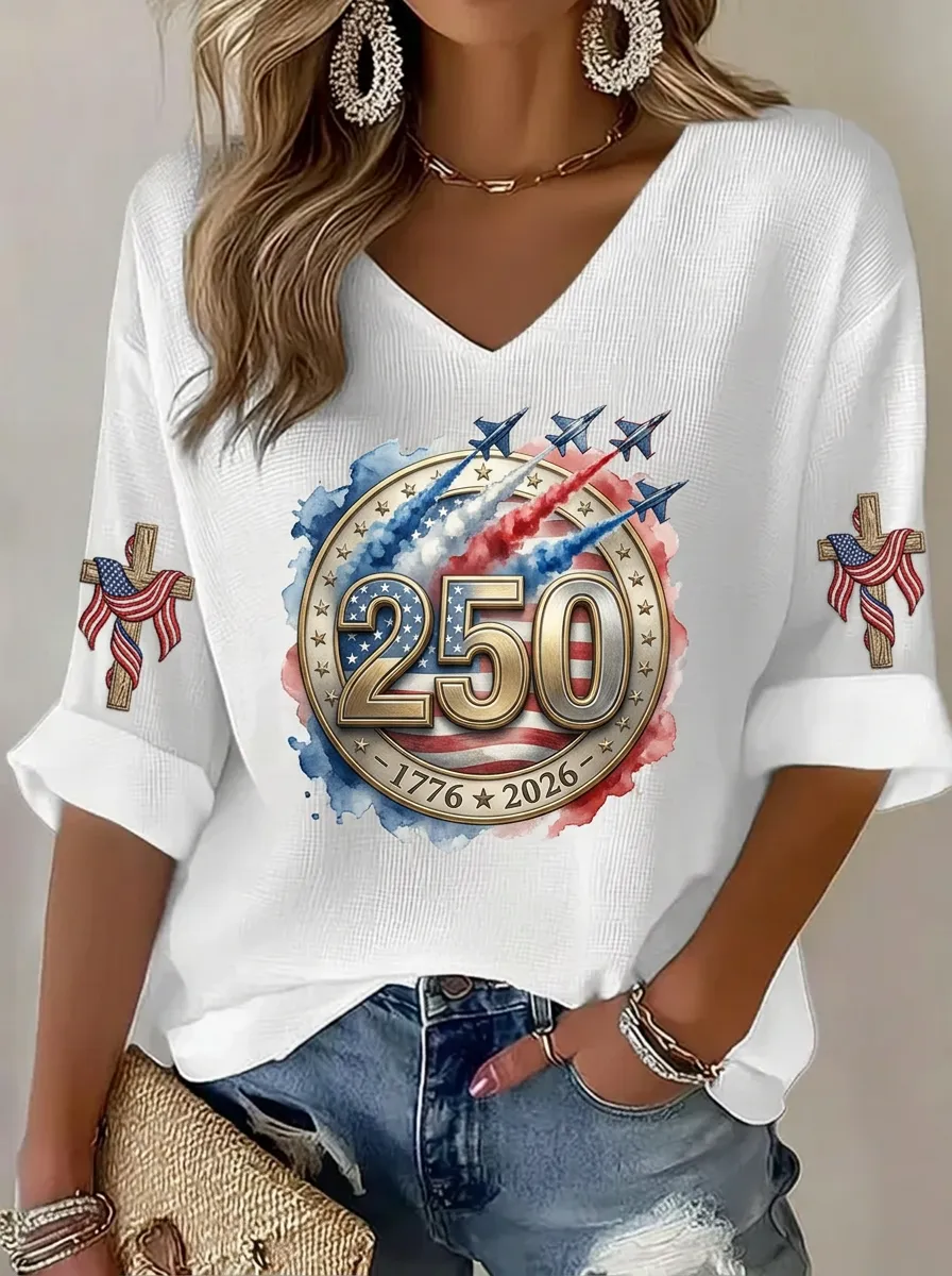 Women's USA 250th Anniversary Patriotic Cross Printed V-neck Top