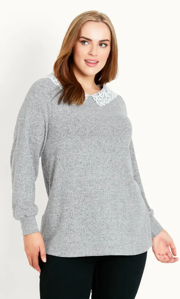 Evans Light Grey Lace Collar Soft Touch Jumper