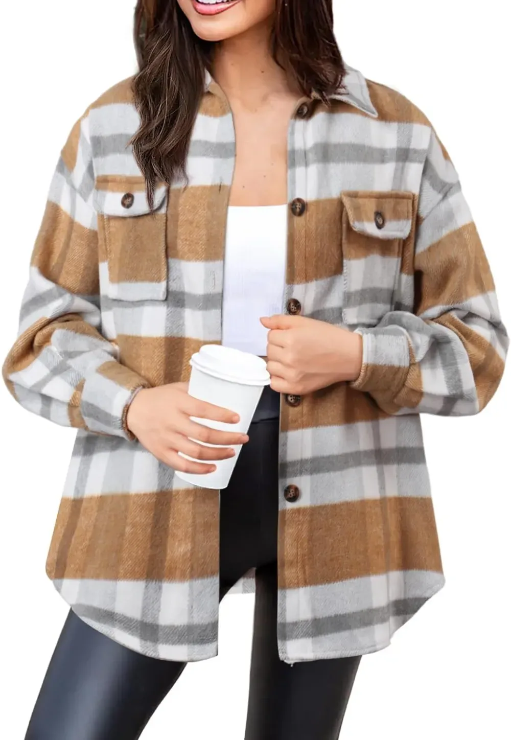 Women's Casual Plaid Flannel Shacket Jacket Oversized Button Down Long Sleeve Fall Shirts Jacket Lapel Coats Tops