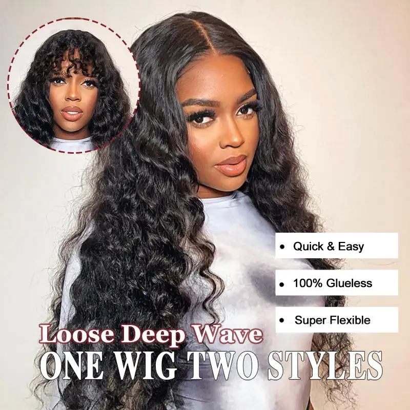 One Wig Two Styles | Glueless 5x5 Loose Deep Wave Lace Closure Wig, Free Removable Bangs