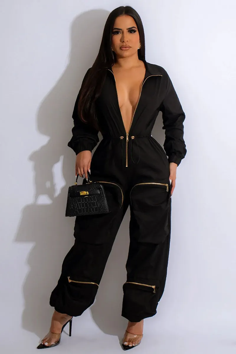 Deep V Zipper Neck Long Sleeve Drawstring Pocket Trousers Casual Jumpsuit