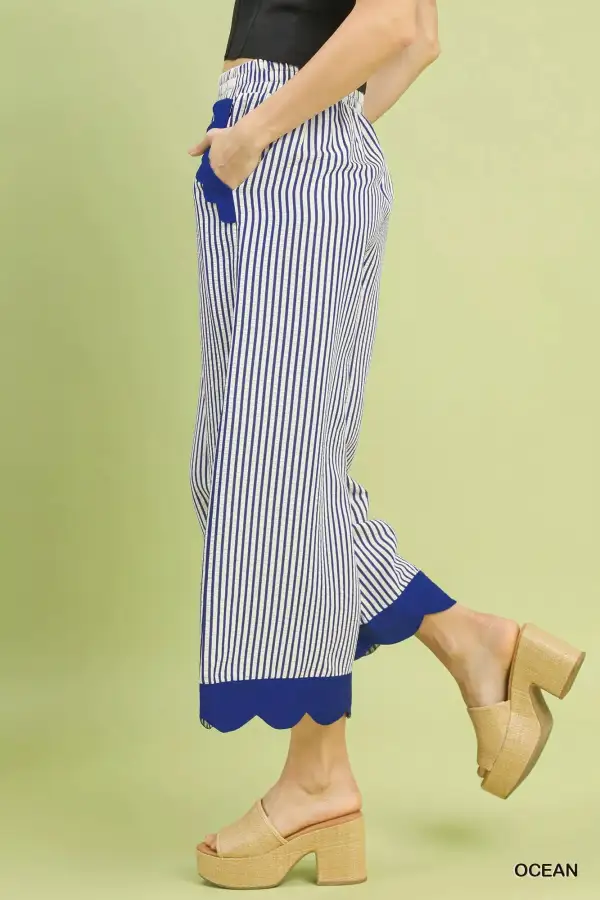 Stripe Scallop Hem Wide Leg Pants