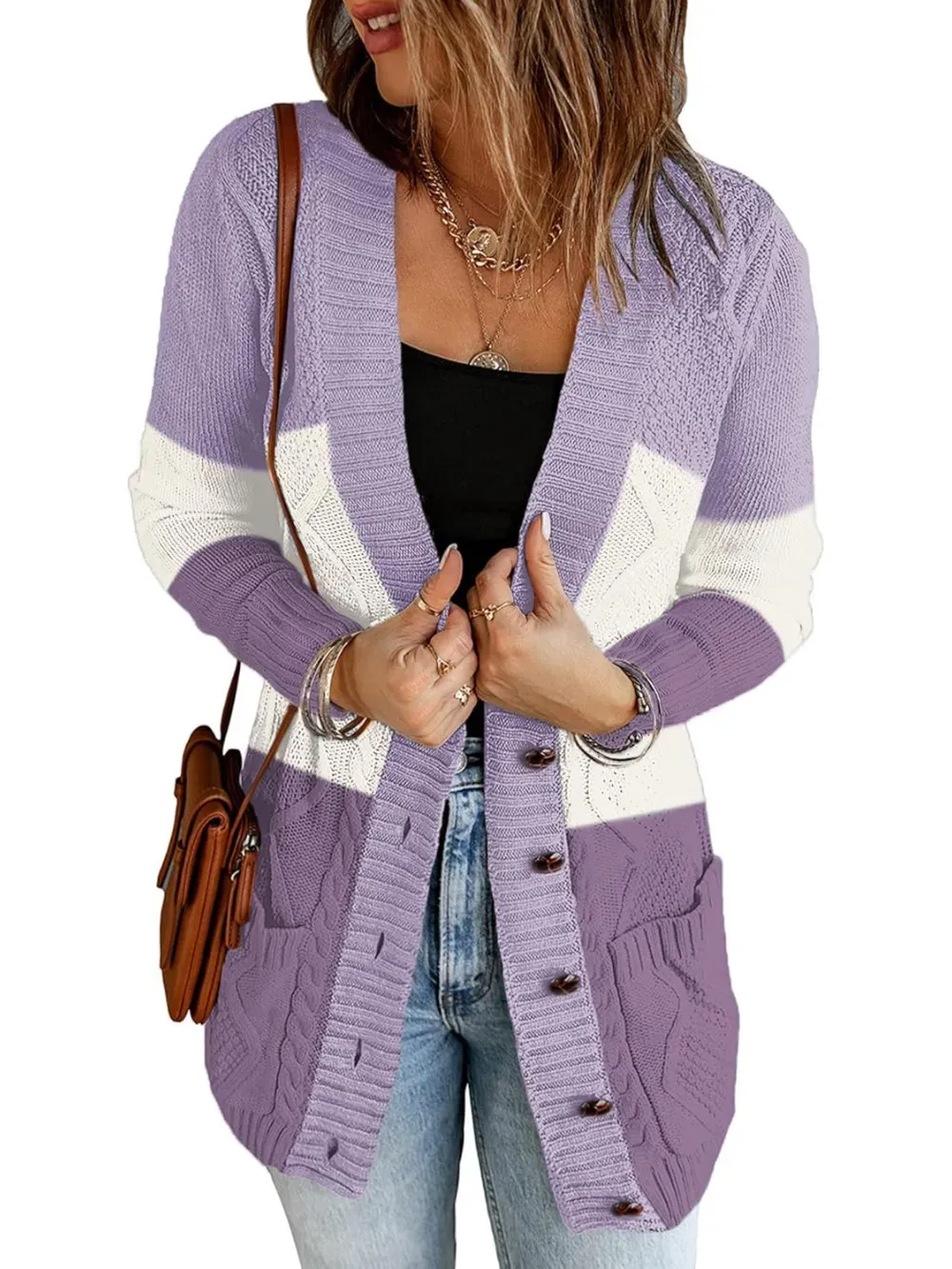 Womens Long Sleeve Open Front Buttons Cable Knit Pocket Sweater Cardigan