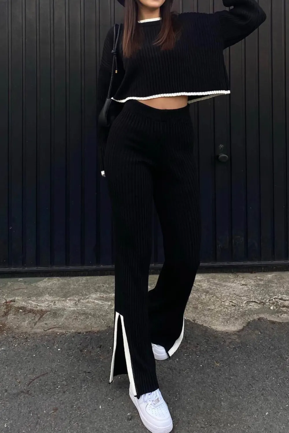 Contrast Ribbed Knit Crop Top Slit Long Pants Set