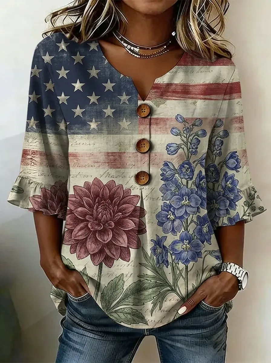 Women's Nashville USA Flag Floral Printed V-Neck Button Top