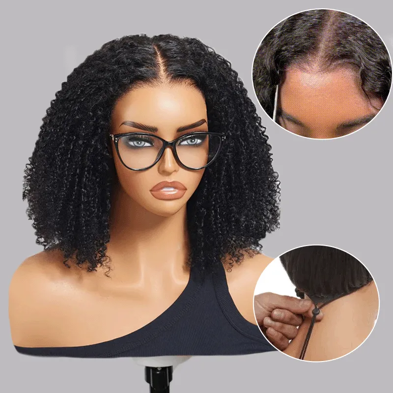 Glueless Flexi-Fit Invisi Drawstring Cap Afro Kinky Curly Wave Bob Wig Human Hair Wigs
