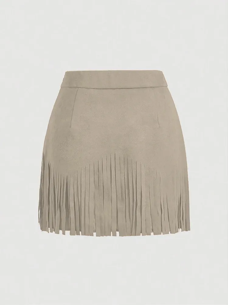 Women'S Vintage Hippie Rivet Fringe Brown Suede A-Line Skirt