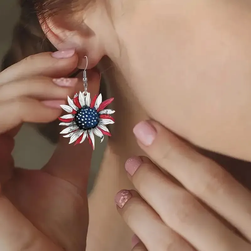 American Independence Day Sunflower Flower Art Earrings