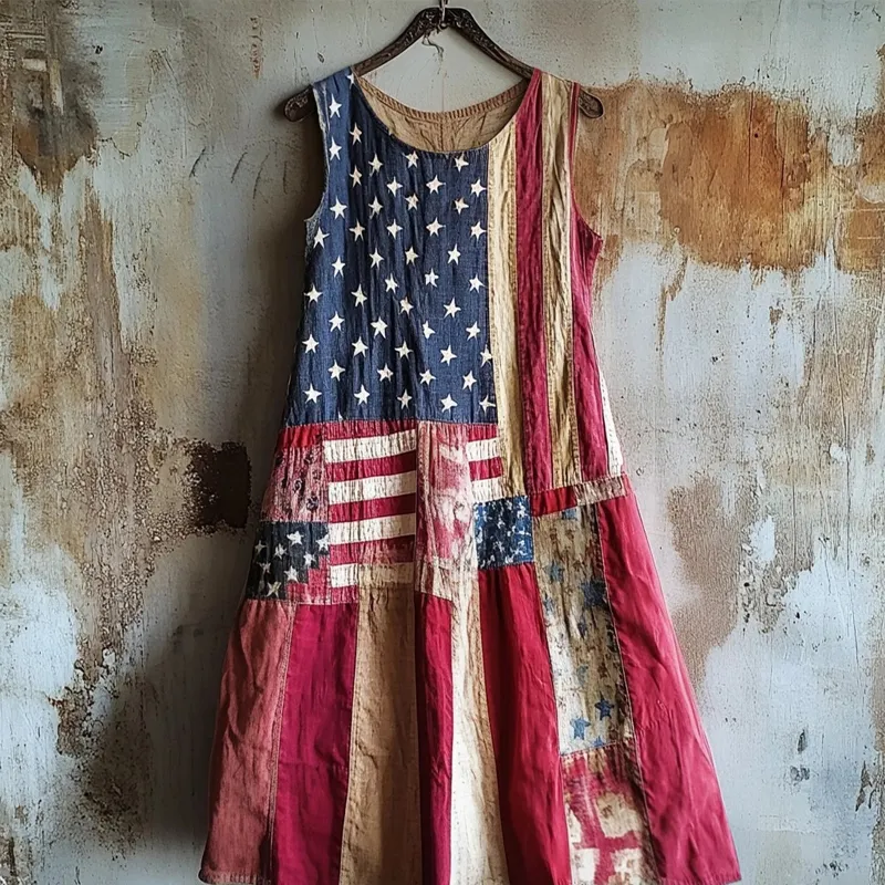 Vintage American Flag Patchwork Linen Tank Dress