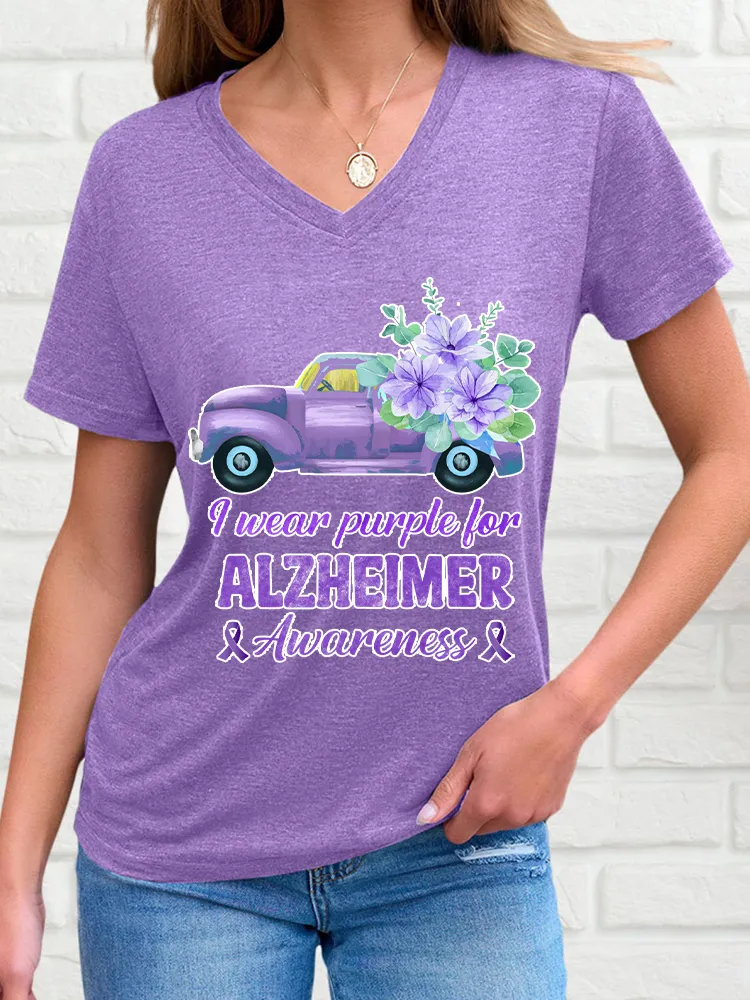 Women'S V-Neck Short-Sleeved T-Shirt I Wear Purple For Alzheimer Awareness Prints