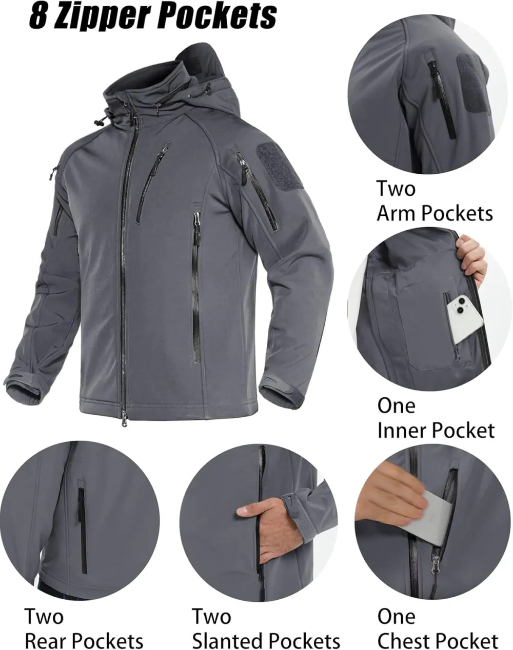 Men's Tactical Jacket 8 Pockets Water Resistant Jacket Softshell Fleece Lined Jacket Winter Coats Ski Jacket