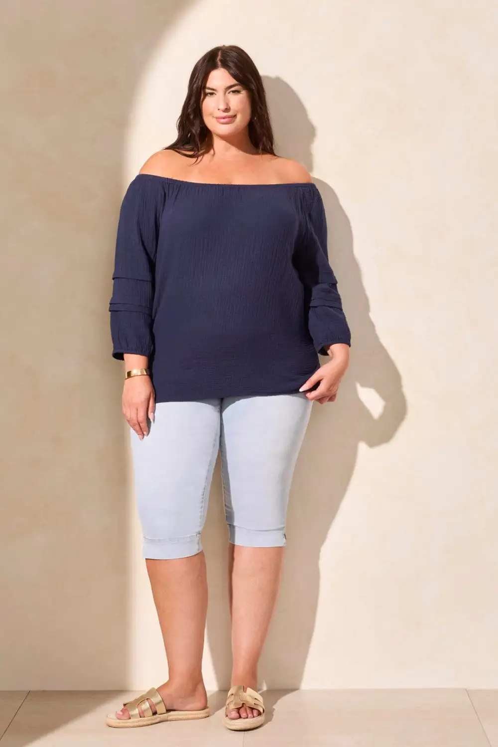 Cotton Gauze Convertible Off-Shoulder Top-Nautical