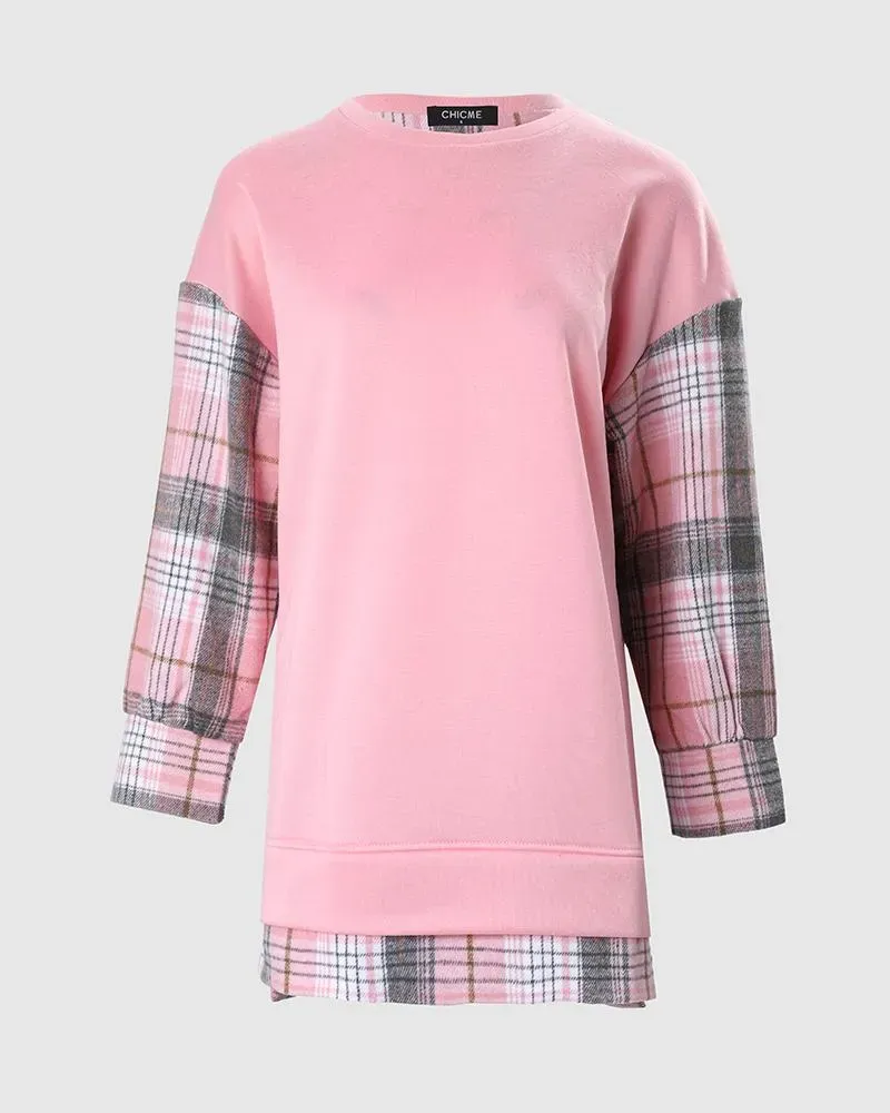 Plaid Print Colorblock Long Sleeve Sweatshirt Dress