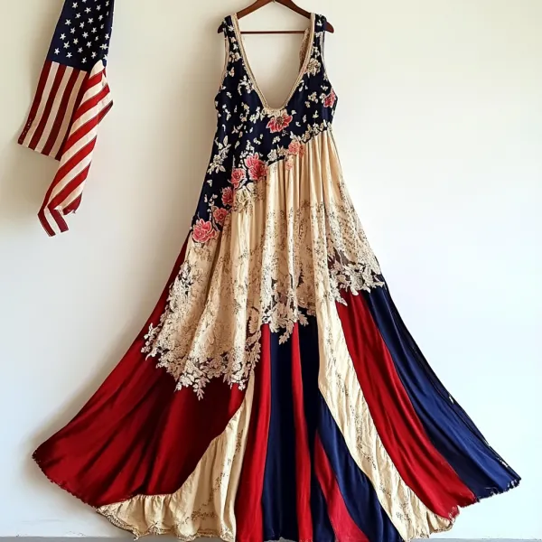 Women's Vintage Independence Day Flag Floral Sleeveless Dress