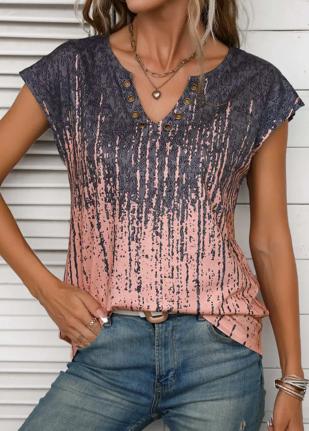 Dusty Pink Grommet Graffiti Print T Shirt