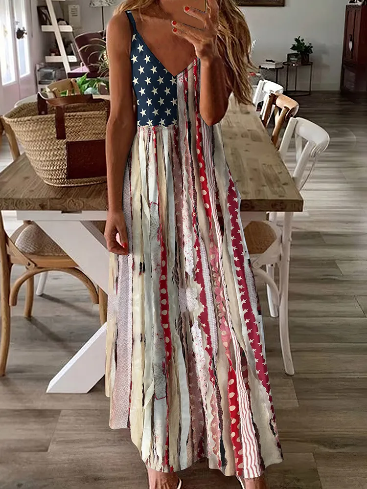Independence Day Western Tassel Print Slip Maxi Dress