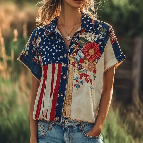 Women's Flag Floral Print Lapel Shirt