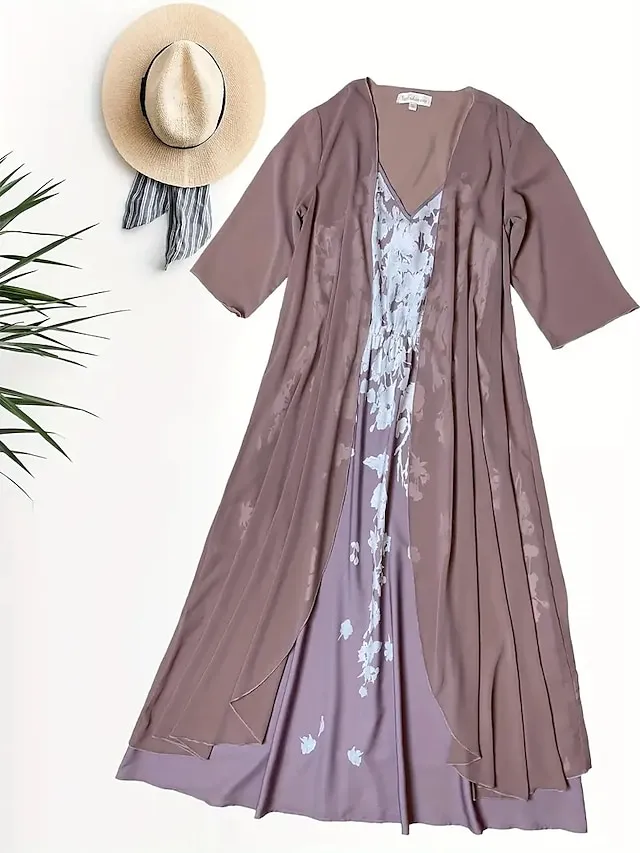 Women's Casual Dress Dress Set Two Piece Dress Long Dress Maxi Dress Purple Brown Green Half Sleeve Flower Print Summer Spring V Neck Fashion Vacation 2023 S M L XL XXL 3XL
