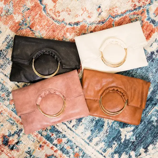 O Ring Clutch Handbag with Ruffle Accent