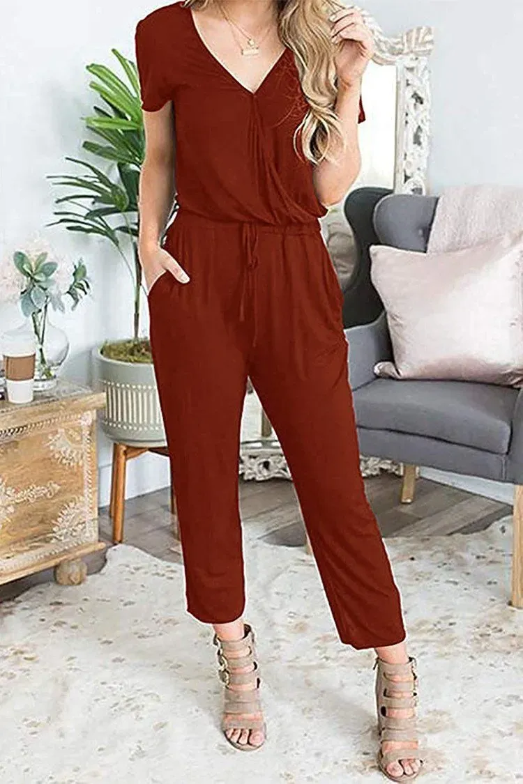 Deep V Neck Wrap Drawstring Waist Jumpsuit