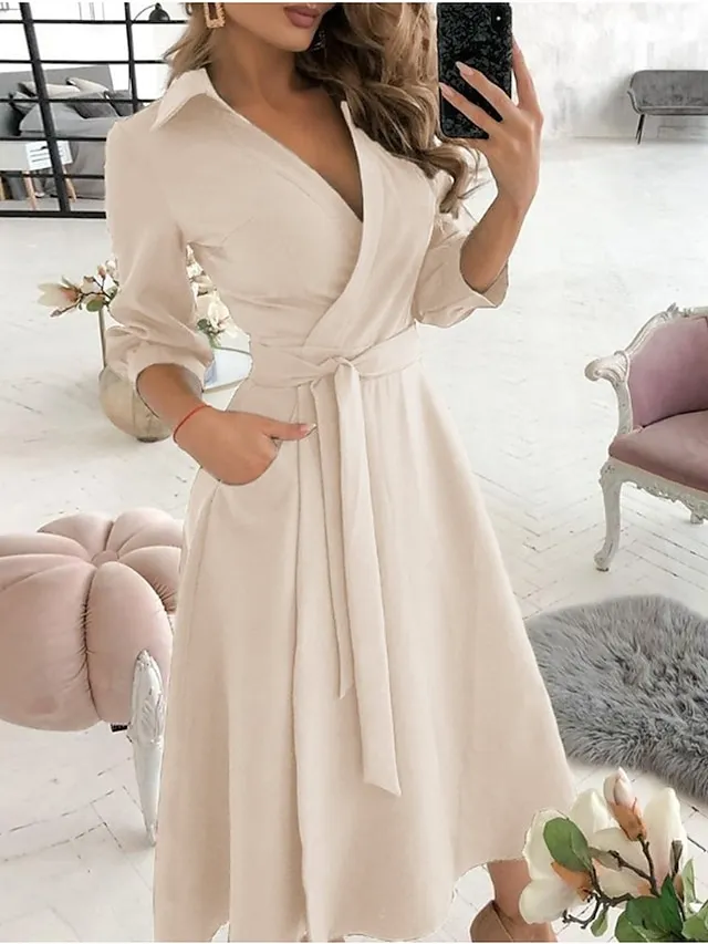 Women‘s A Line Dress Midi Dress Tie dye Letter printing Butterfly print Big wave point Small dots Diamond printing Black khaki Sky Blue Red Long Sleeve Print Butterfly Pure Color Lace up Pocket