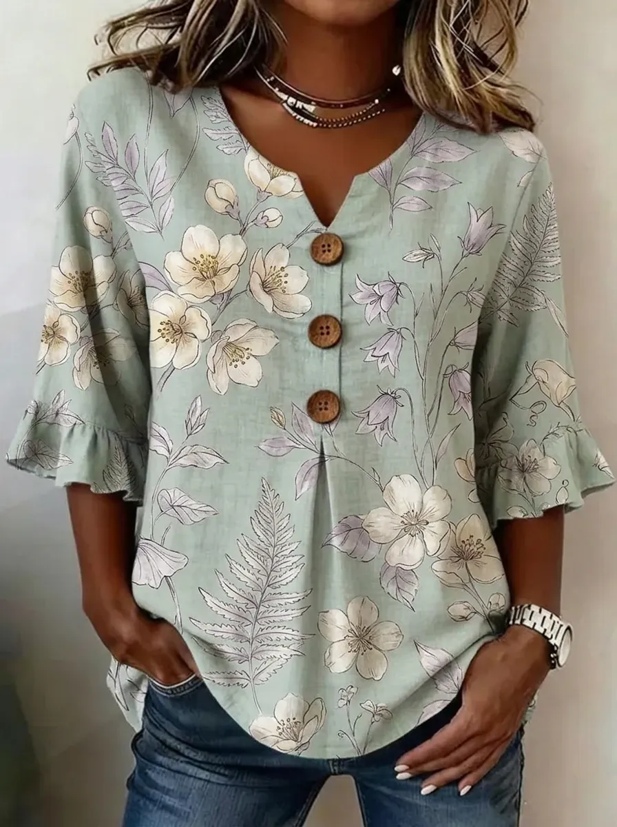 Women's Nashville Floral Botanical Printed V-Neck Button Top