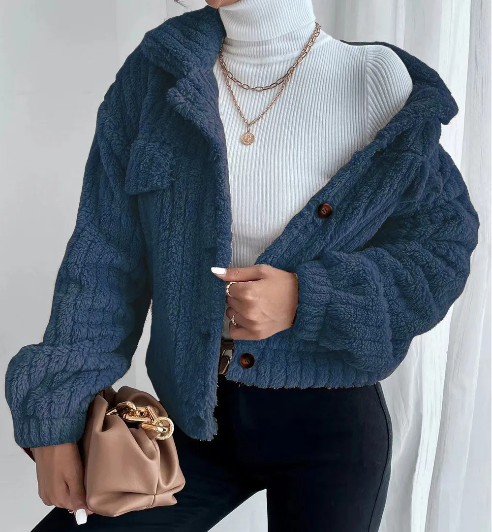 Solid Front Pockets Lapel Plush Coat