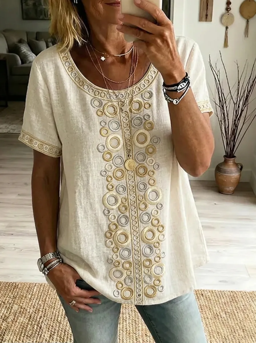 Women's Nashville Boho Geometric Circle Embroidered Linen Top