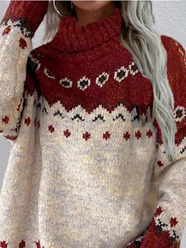 Women's Ugly Christmas Sweater Pullover Sweater Jumper Turtleneck Ribbed Knit Acrylic Patchwork Fall Winter Regular Xmas Daily Going out Stylish Casual Soft Long Sleeve Geometric Red S M L