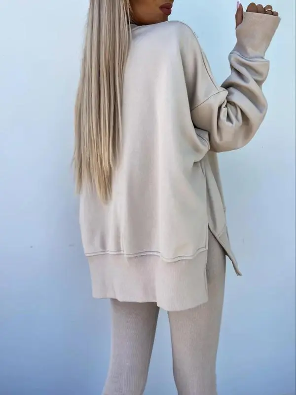 Women's Solid Drop Shoulder Split Hem Sweatshirt & Pants Two-piece Set, Casual Fashion Cozy Breathable Outfits for Daily Outdoor Wear, Ladies Sportswear for All Seasons