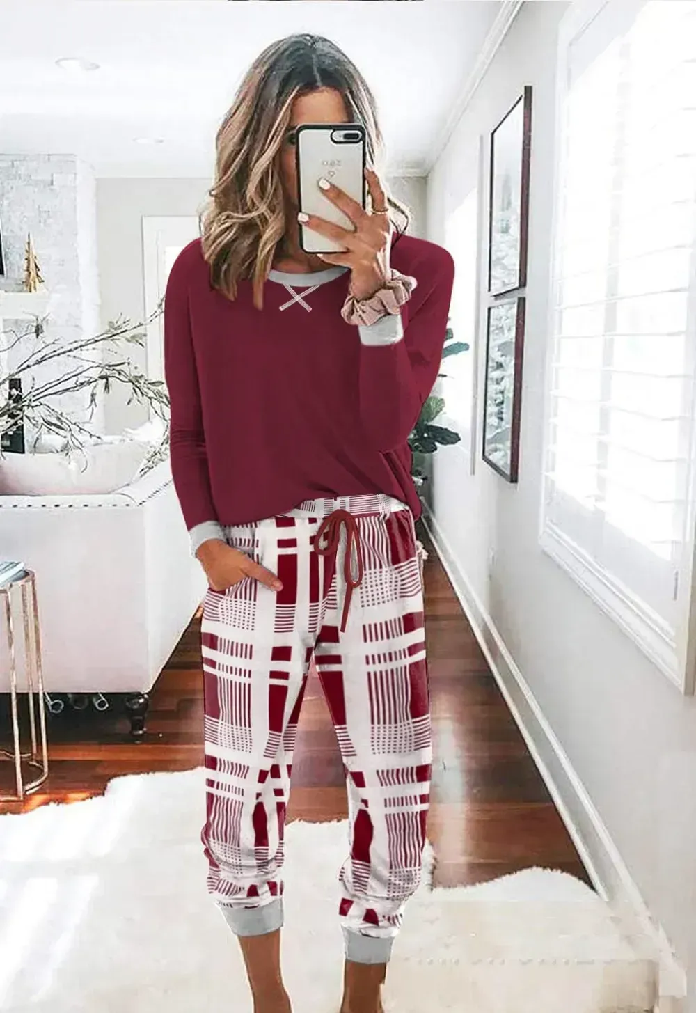 Women's Pajamas Sets Long Sleeve with Plaid Pants Soft Sleepwear O Neck 2 Piece Pjs Joggers Loung Set with Pockets
