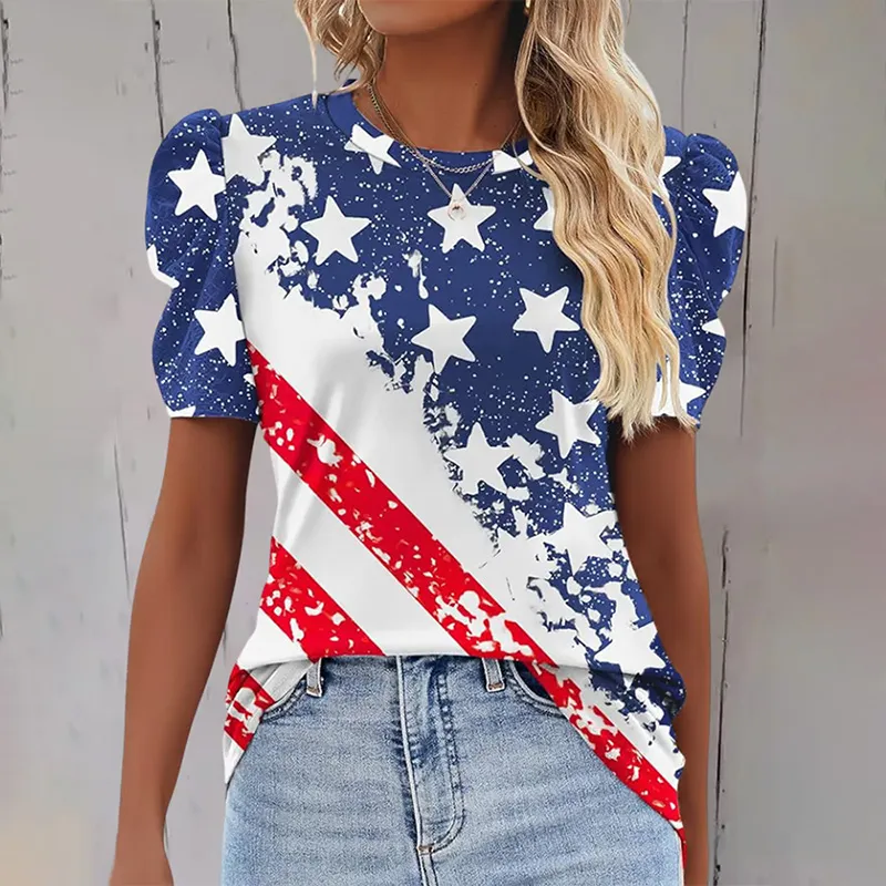 Women's Independence Day Puff Sleeve Crew Neck Print T-shirt