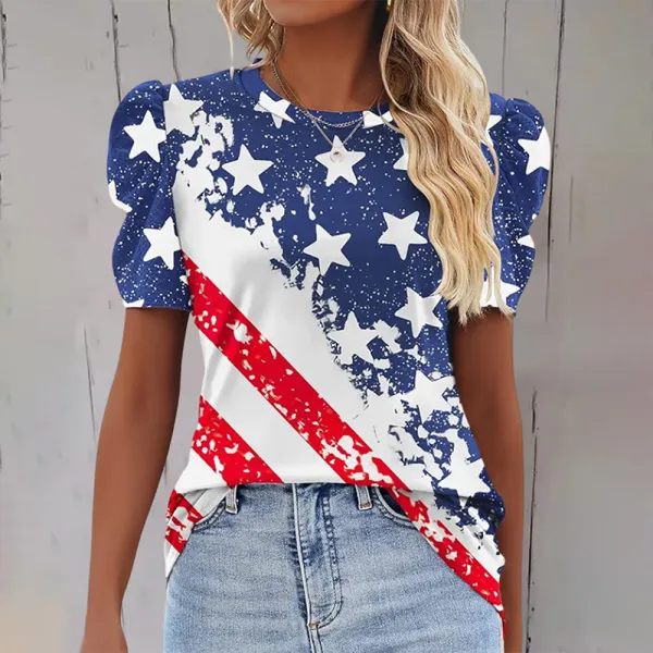 Women's Independence Day Puff Sleeve Crew Neck Print T-shirt
