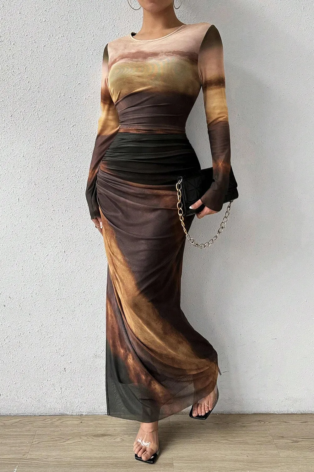 Women's Tie Dye Long Sleeve Pleated Dress