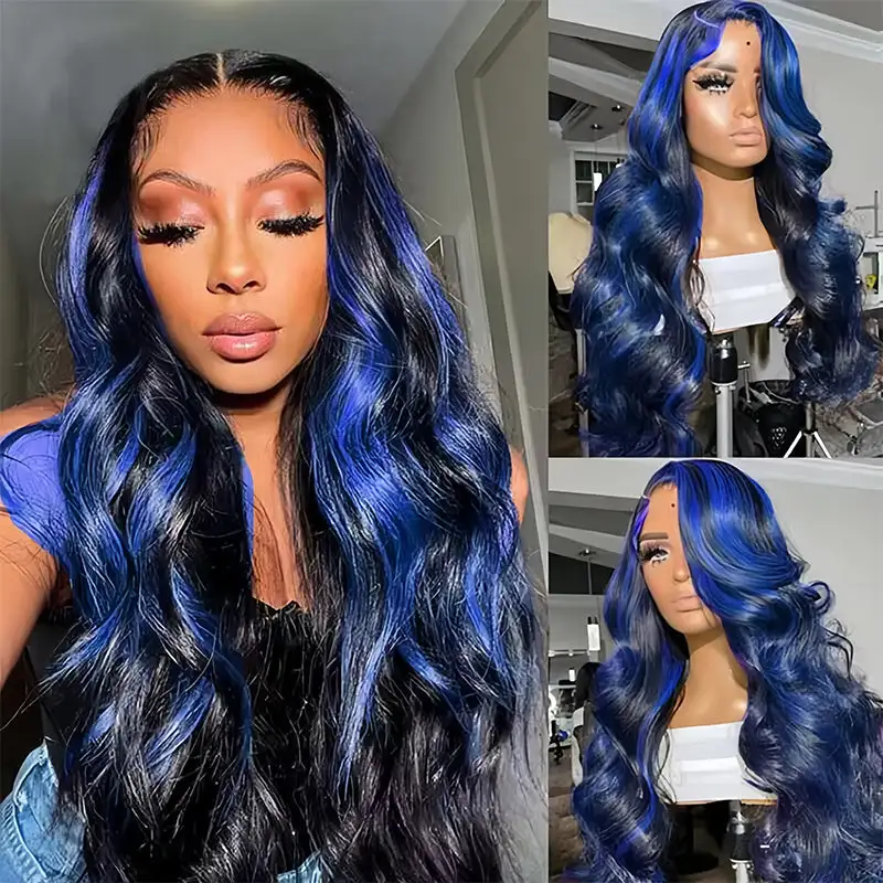 Flash Sale | Sterly Blue Highlight With Black Hair Roots 13x6 Full Lace Human Hair Wigs