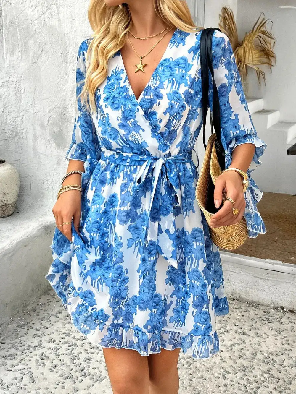 Relaxed Surplice Neck Ruffle Trim Dress