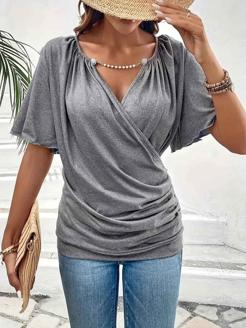 Elegant Beaded V-Neck T-Shirt - Soft Polyester Blend, Solid Color Knit Fabric, Regular Length, Short Sleeve, Summer Top with Chic Detailing - 95% Polyester, 5% Elastane