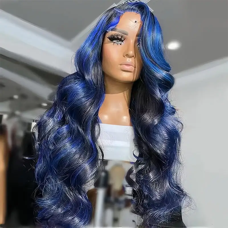 Flash Sale | Sterly Blue Highlight With Black Hair Roots 13x6 Full Lace Human Hair Wigs