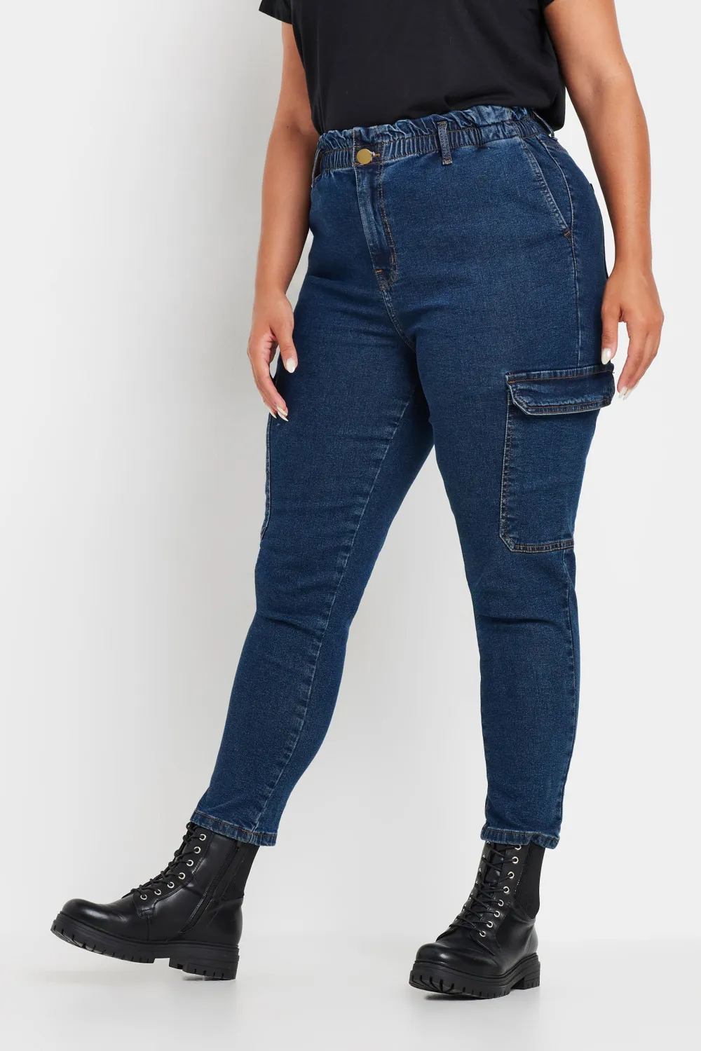 YOURS Curve Dark Blue Cargo Mom Jeans