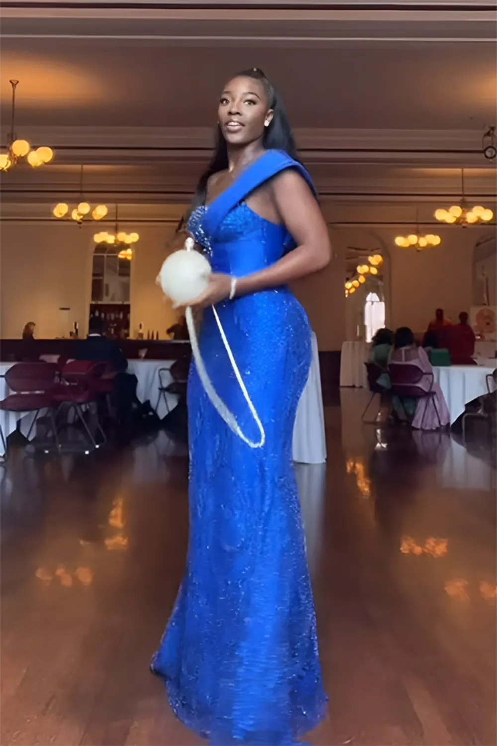 Custom sequined one-shoulder gown