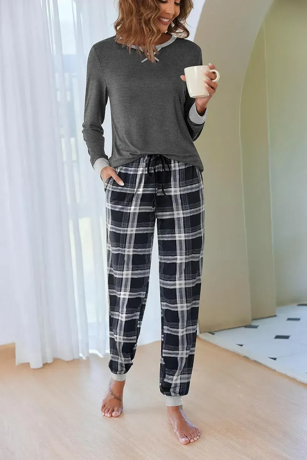 Women's Pajamas Sets Long Sleeve with Plaid Pants Soft Sleepwear O Neck 2 Piece Pjs Joggers Loung Set with Pockets
