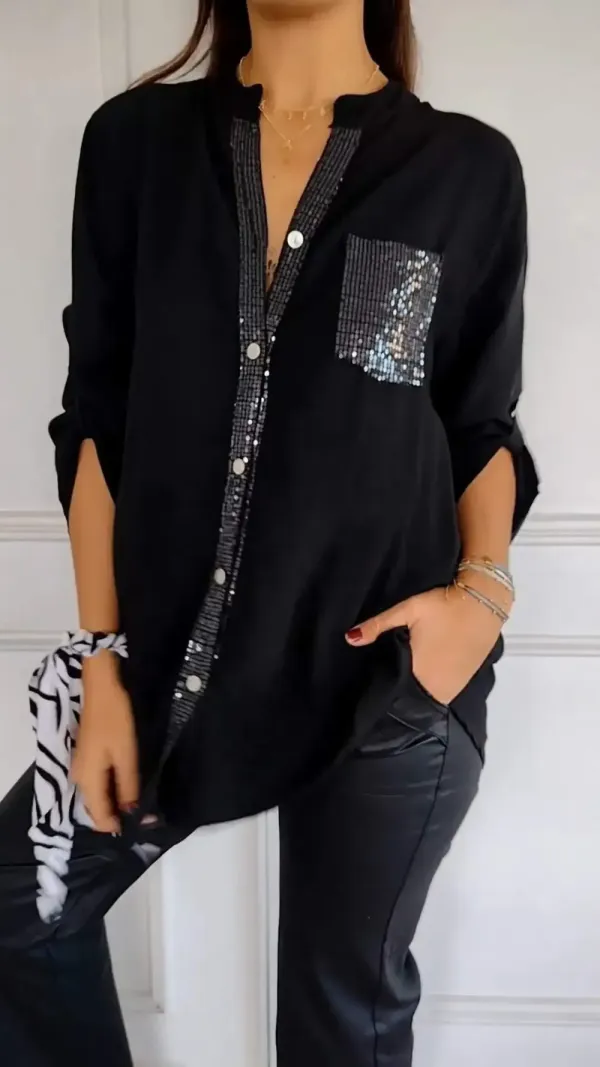 Women V-neck Sequin Mid-sleeve Casual Top