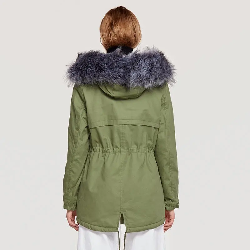 Faux Fur Collar Pockets Drawstring Women Parka Jacket Oversized Coat