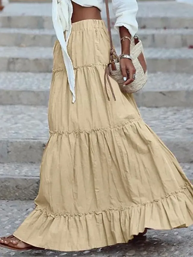 Women's Skirt Swing Maxi Cotton Blend Black Pink khaki Skirts Ruffle Fashion Casual Daily S M L