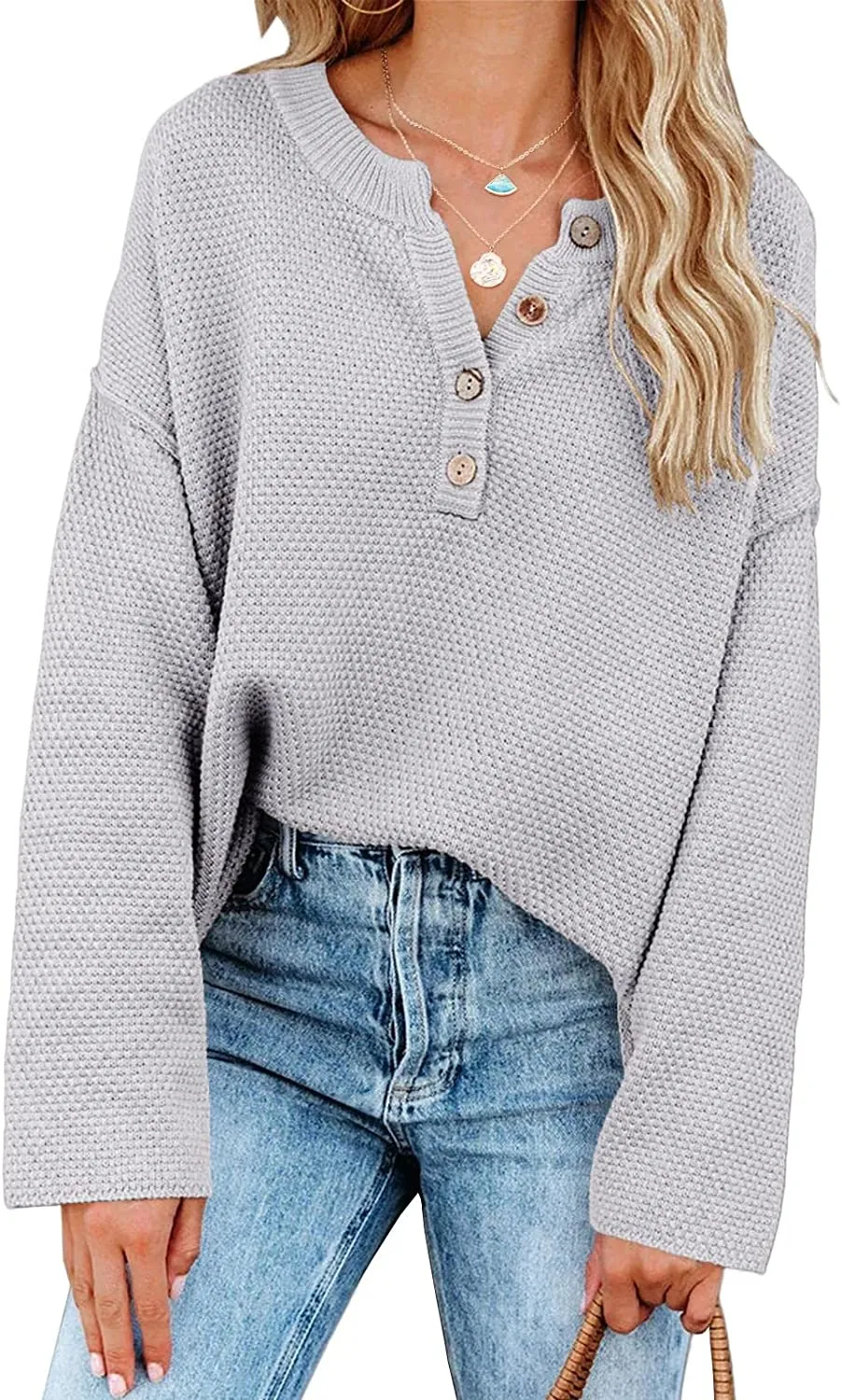 Women's Oversized Sweaters Batwing Long Sleeve Loose V Neck Button Henley Tops Pullover Knit Jumper
