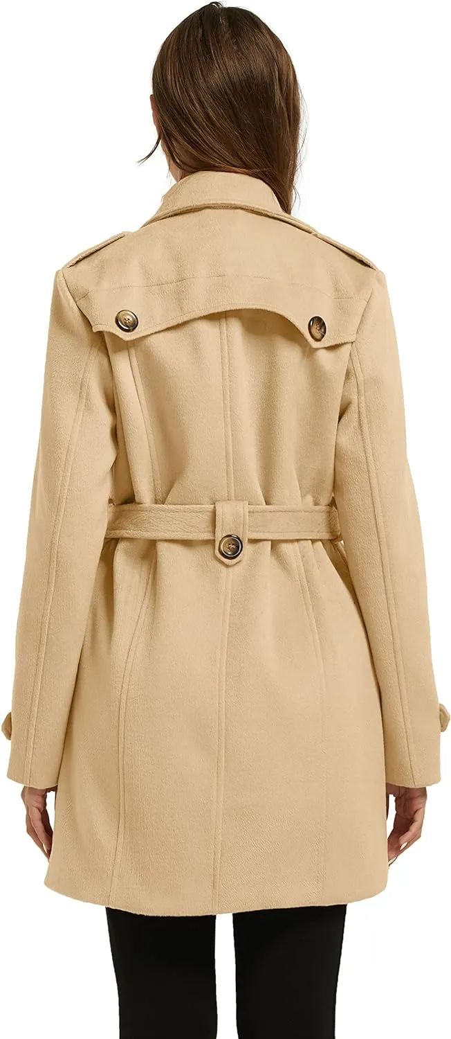 Women's Double Breasted Pea Coat Winter Mid-Long Trench Coat with Belt