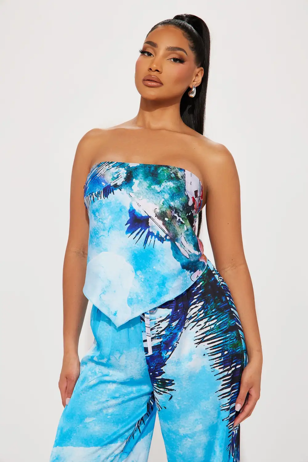 Tropical Babe Satin Pant Set - Blue/combo
